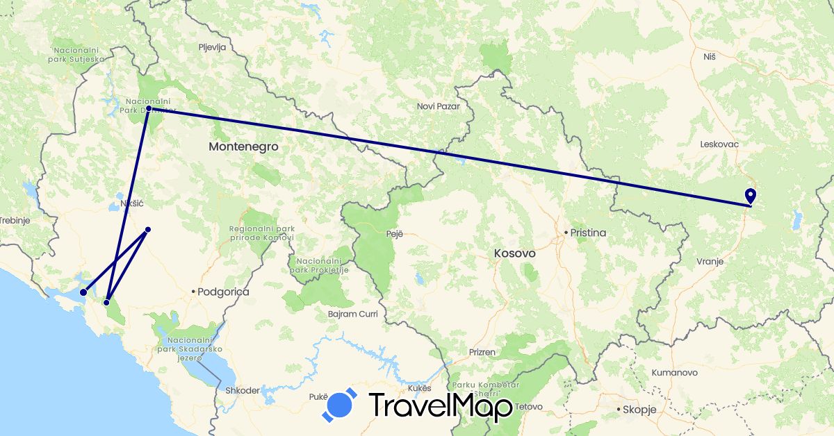 TravelMap itinerary: driving in Montenegro, Serbia (Europe)